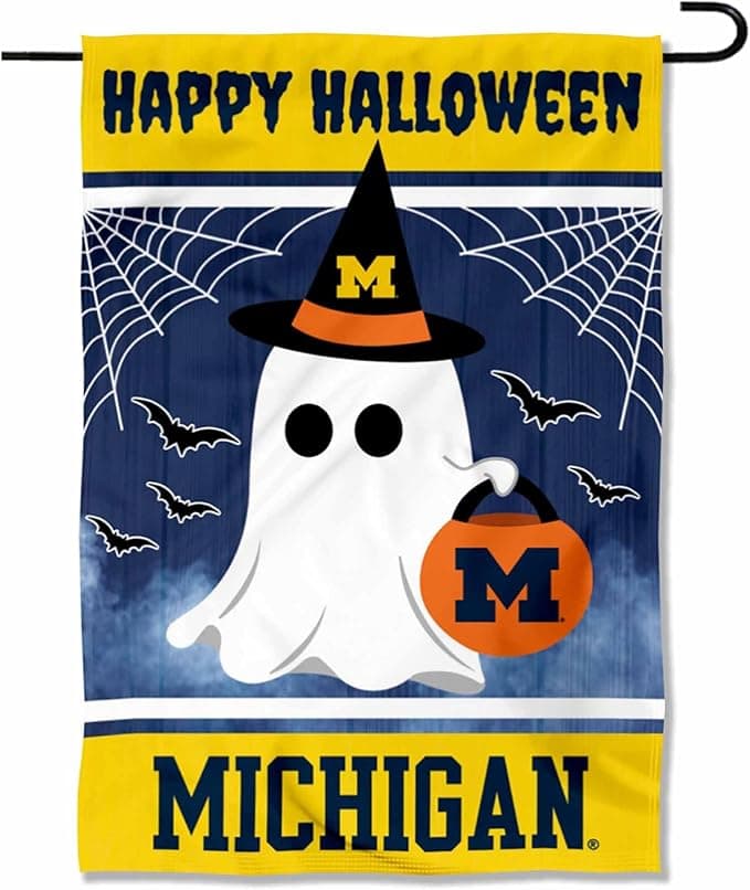 Team spirit flag waving beside glowing ghost decor